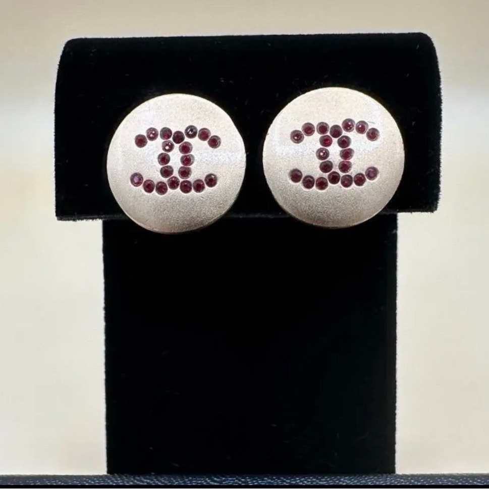 Chanel Vintage Clip On Earrings With Red Rhinestones